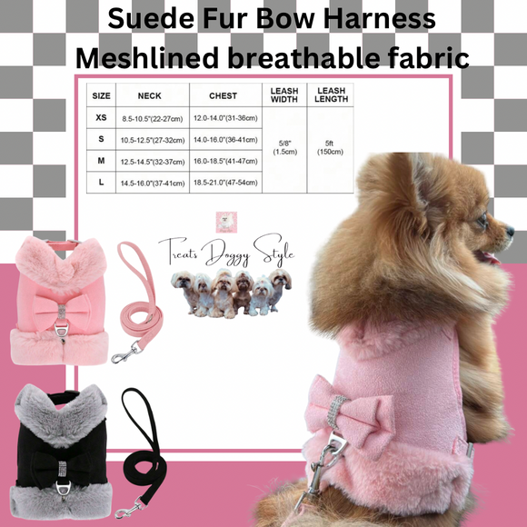 Suede & Fur Bow Harness & Lead Set
